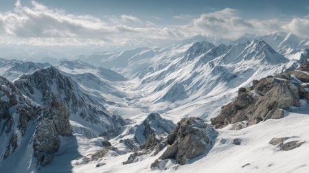 A photograph of Alpine mountains 429 with alpine ridge overlooking valley, glacial rocks, snowy...