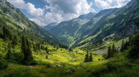 A photograph of Alpine mountains 329 with alpine meadow valley, wildflower alpine meadow, green...