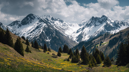 A photograph of Alpine mountains 361 with snow capped alpine peaks, scattered conifer trees, alpine...
