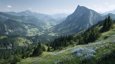 A photograph of Alpine mountains 60 with alpine valley landscape, pine covered hillsides, alpine...