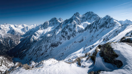 A photograph of Alpine mountains with alpine valley viewpoint, alpine moss, snowy alpine winter,...