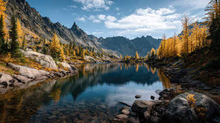 A photograph of Alpine mountains with alpine lake shoreline, alpine larch trees, golden alpine...