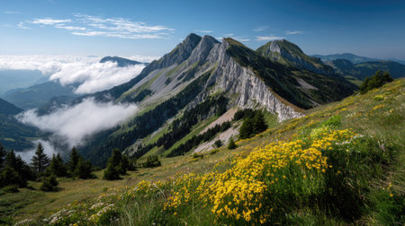 A photograph of Alpine mountains 70 with alpine ridge above clouds, wildflower alpine meadow, alpine...