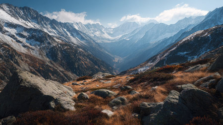 A photograph of Alpine mountains 53 with alpine mountains with deep valley, alpine wild herbs, snowy...