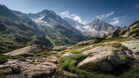 A photograph of Alpine mountains 257 with alpine mountains with rocky peaks, stone alpine ground, green alpine summer, ultra realistic landscape photography, wide angle lens, natural colors, clean composition, no peopleの写真素材