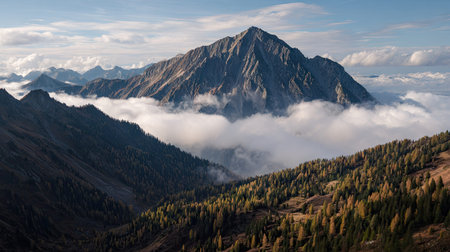 A photograph of Alpine mountains 401 with alpine ridge above clouds, alpine pine forest, golden...