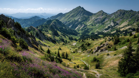 A photograph of Alpine mountains 11 with alpine valley with winding trail, pine covered hillsides,...