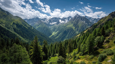 A photograph of Alpine mountains with alpine mountains under vast sky, alpine pine forest, green...