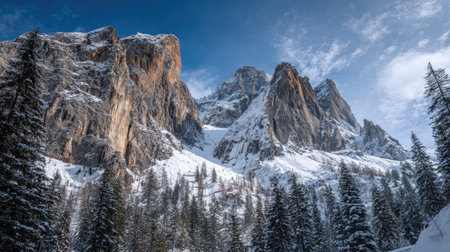 A photograph of Alpine mountains with dramatic alpine cliffs, spruce tree forest, snowy alpine winter, ultra realistic landscape photography, wide angle lens, natural colors, clean composition, no peopleの写真素材