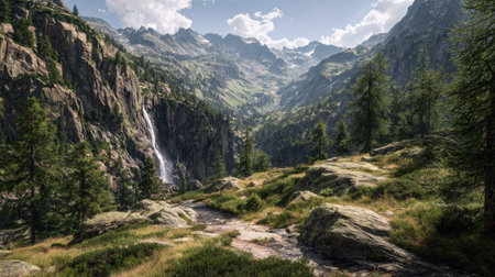 A photograph of Alpine mountains 238 with alpine valley with waterfall, alpine tundra plants, green alpine summer, ultra realistic landscape photography, wide angle lens, natural colors, clean composition, no peopleの写真素材