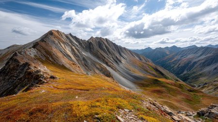 A photograph of Alpine mountains 224 with rugged alpine ridge line, wildflower alpine meadow, golden...
