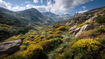 A photograph of Alpine mountains with alpine mountain slopes, wild alpine shrubs, alpine spring...