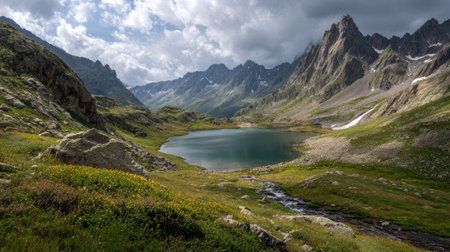 A photograph of Alpine mountains with alpine lake surrounded by mountains, small alpine waterfalls,...