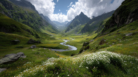 A photograph of Alpine mountains 226 with alpine valley with winding river, edelweiss flowers, green...