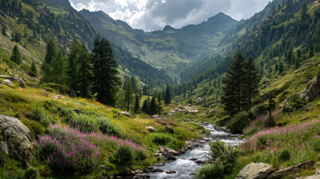 A photograph of Alpine mountains 362 with alpine valley landscape, alpine streams, alpine spring...