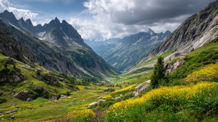 A photograph of Alpine mountains 340 with alpine mountains with deep valley, wildflower alpine...