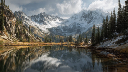 A photograph of Alpine mountains with alpine lake shoreline, alpine forest edge, snowy alpine...
