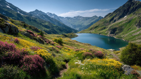 A photograph of Alpine mountains with alpine valley viewpoint, glacial lake water, alpine spring...