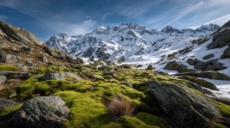 A photograph of Alpine mountains 379 with alpine mountain basin, moss covered rocks, snowy alpine...