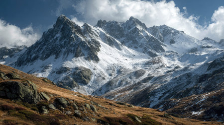 A photograph of Alpine mountains with snow capped alpine peaks, snowy alpine winter, ultra realistic...