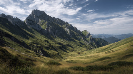 A photograph of Alpine mountains 318 with rugged alpine ridge line, alpine valley grassland, green alpine summer, ultra realistic landscape photography, wide angle lens, natural colors, clean composition, no peopleの写真素材