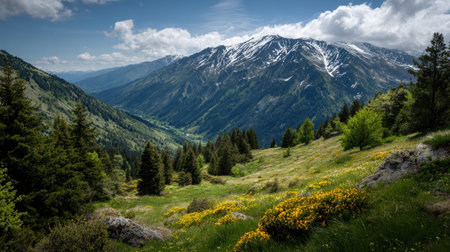 A photograph of Alpine mountains with high alpine plateau, spruce tree forest, alpine spring bloom,...