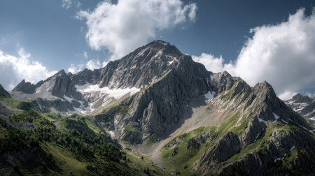 A photograph of Alpine mountains 55 with alpine mountain ridge, rocky mountain slopes, green alpine...