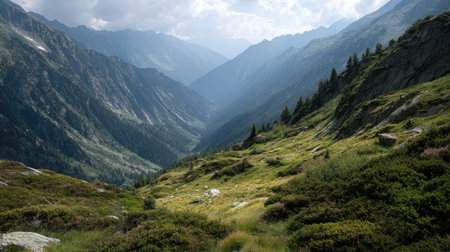 A photograph of Alpine mountains 331 with alpine mountains with deep valley, wild alpine shrubs,...