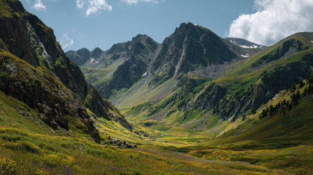 A photograph of Alpine mountains 52 with alpine meadow valley, alpine cliff vegetation, green alpine...