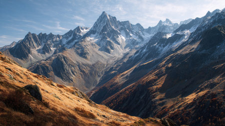 A photograph of Alpine mountains with alpine mountains with deep valley, glacial moraines, golden...