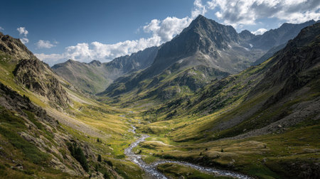 A photograph of Alpine mountains 390 with alpine valley with winding river, alpine streams, green...