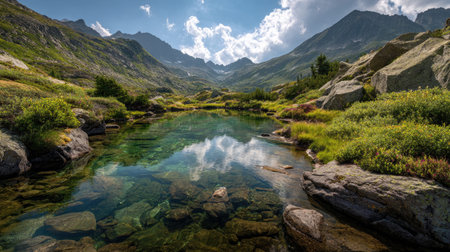 A photograph of Alpine mountains 489 with alpine lake basin, glacial rocks, green alpine summer,...