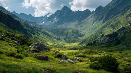 A photograph of Alpine mountains 49 with high alpine plateau, alpine wild herbs, green alpine...