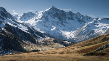 A photograph of Alpine mountains 279 with alpine meadow valley, alpine hillside meadows, snowy...