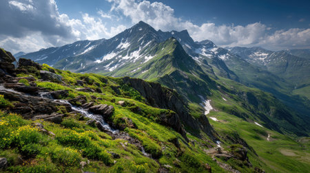 A photograph of Alpine mountains 217 with alpine ridge above clouds, small alpine waterfalls, alpine...