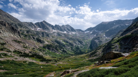 A photograph of Alpine mountains 20 with alpine valley viewpoint, alpine tundra plants, green alpine...