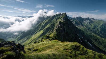 A photograph of Alpine mountains with alpine ridge above clouds, alpine valley grassland, green...