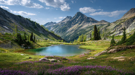 A photograph of Alpine mountains 117 with alpine lake basin, alpine larch trees, alpine spring...