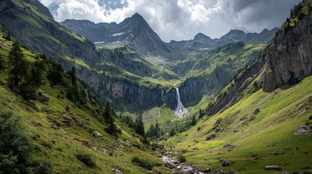 A photograph of Alpine mountains with alpine valley and waterfall, alpine hillside meadows, green...