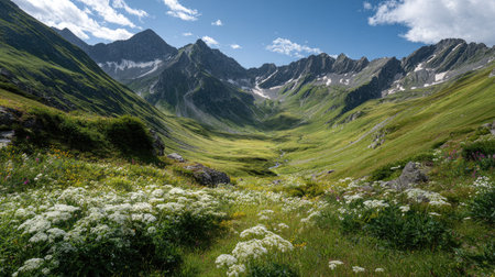 A photograph of Alpine mountains 167 with alpine mountain basin, alpine wild herbs, green alpine summer, ultra realistic landscape photography, wide angle lens, natural colors, clean composition, no peopleの写真素材