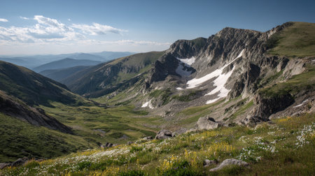 A photograph of Alpine mountains 177 with alpine glacier valley, alpine tundra plants, green alpine...