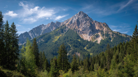 A photograph of Alpine mountains under vast sky, alpine pine forest, green alpine summer, ultra...