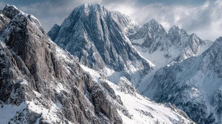 A photograph of Alpine mountains 26 with rugged alpine ridge line, glacial rocks, snowy alpine...