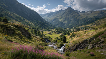 A photograph of Alpine mountains 191 with alpine valley with small village, small alpine waterfalls,...