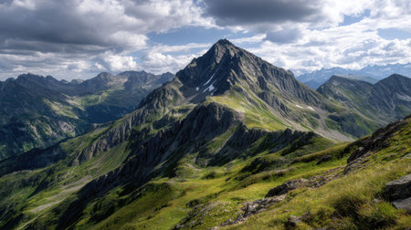 A photograph of Alpine mountains with alpine mountain ridge, alpine moss, green alpine summer, ultra...