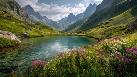 A photograph of Alpine mountains 298 with alpine lake surrounded by mountains, wildflower alpine...