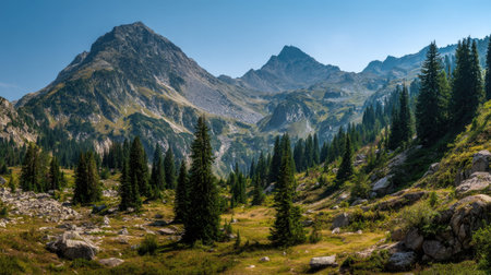 A photograph of Alpine mountains 322 with alpine mountain basin, scattered conifer trees, green alpine summer, ultra realistic landscape photography, wide angle lens, natural colors, clean composition, no peopleの写真素材