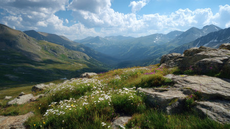 A photograph of Alpine mountains 296 with alpine ridge overlooking valley, alpine tundra plants,...