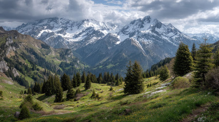 A photograph of Alpine mountains with snow capped alpine peaks, scattered conifer trees, alpine...