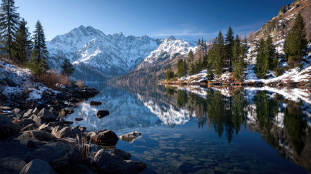 A photograph of Alpine mountains with alpine lake shoreline, alpine forest edge, snowy alpine...